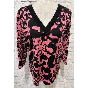 Susan Graver QVC Pink & Black Printed V-Neck Top Blouse Size Medium